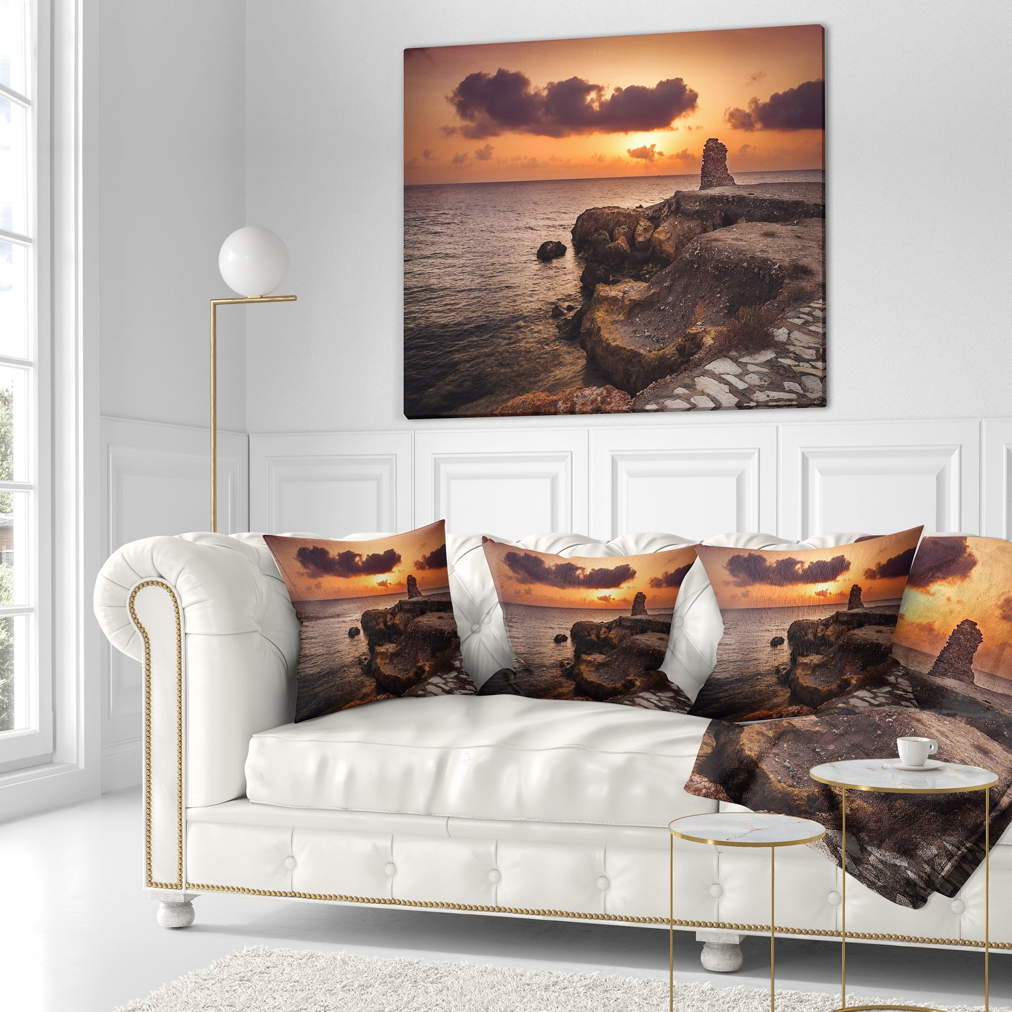 Designart Beach Sunset with Ancient Ruins - Oversized Beach Throw Pillow - 18x18