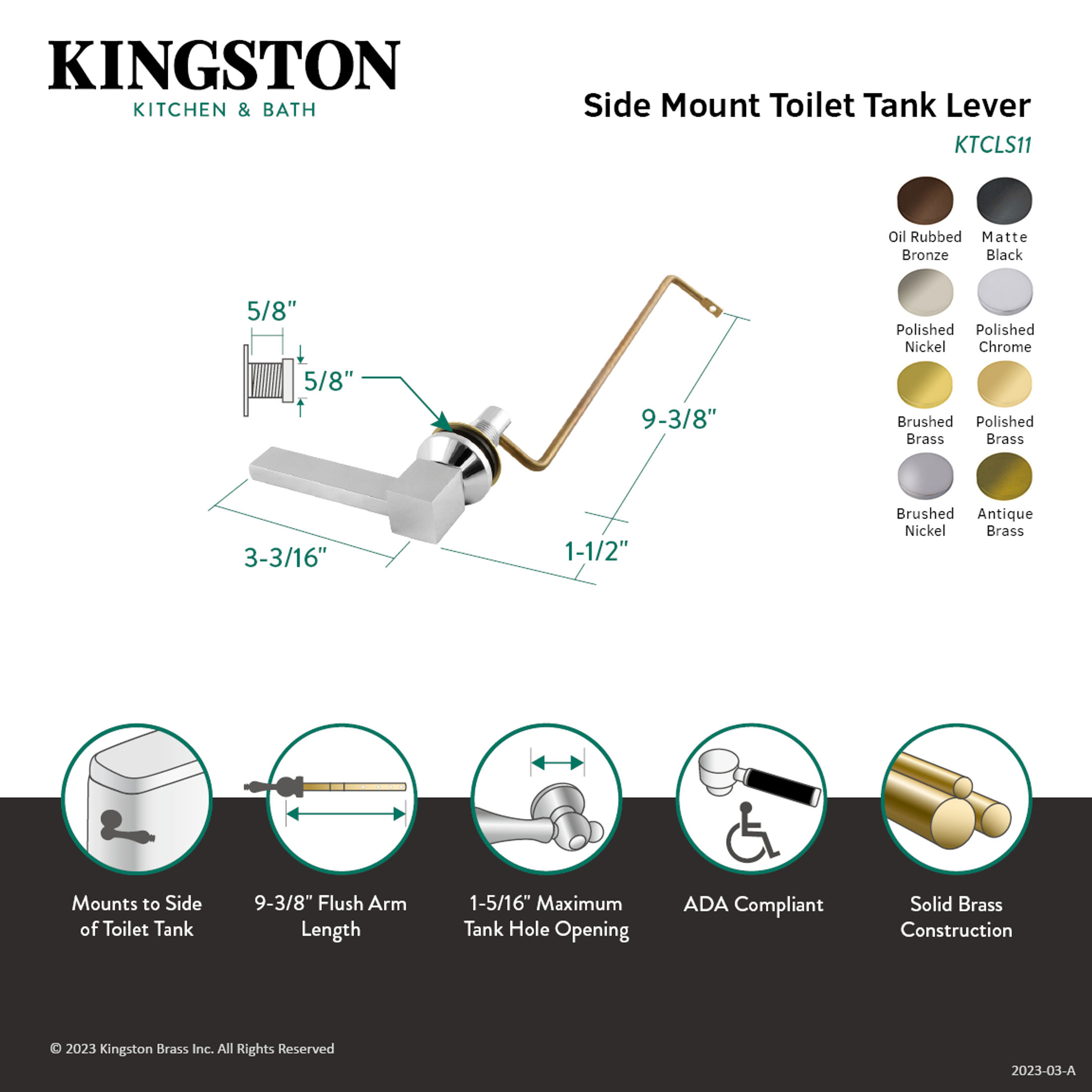 Kingston Brass KTCLS18 Claremont Side Mount Toilet Tank Lever, Brushed Nickel