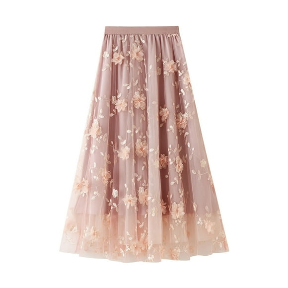 Jupe Tutu Longue en Tulle pour Femme Ichuanyi, Broderie de Fleurs 3D, Couleur Unie, Taille Haute, Jupe Midi Évasée en Maille