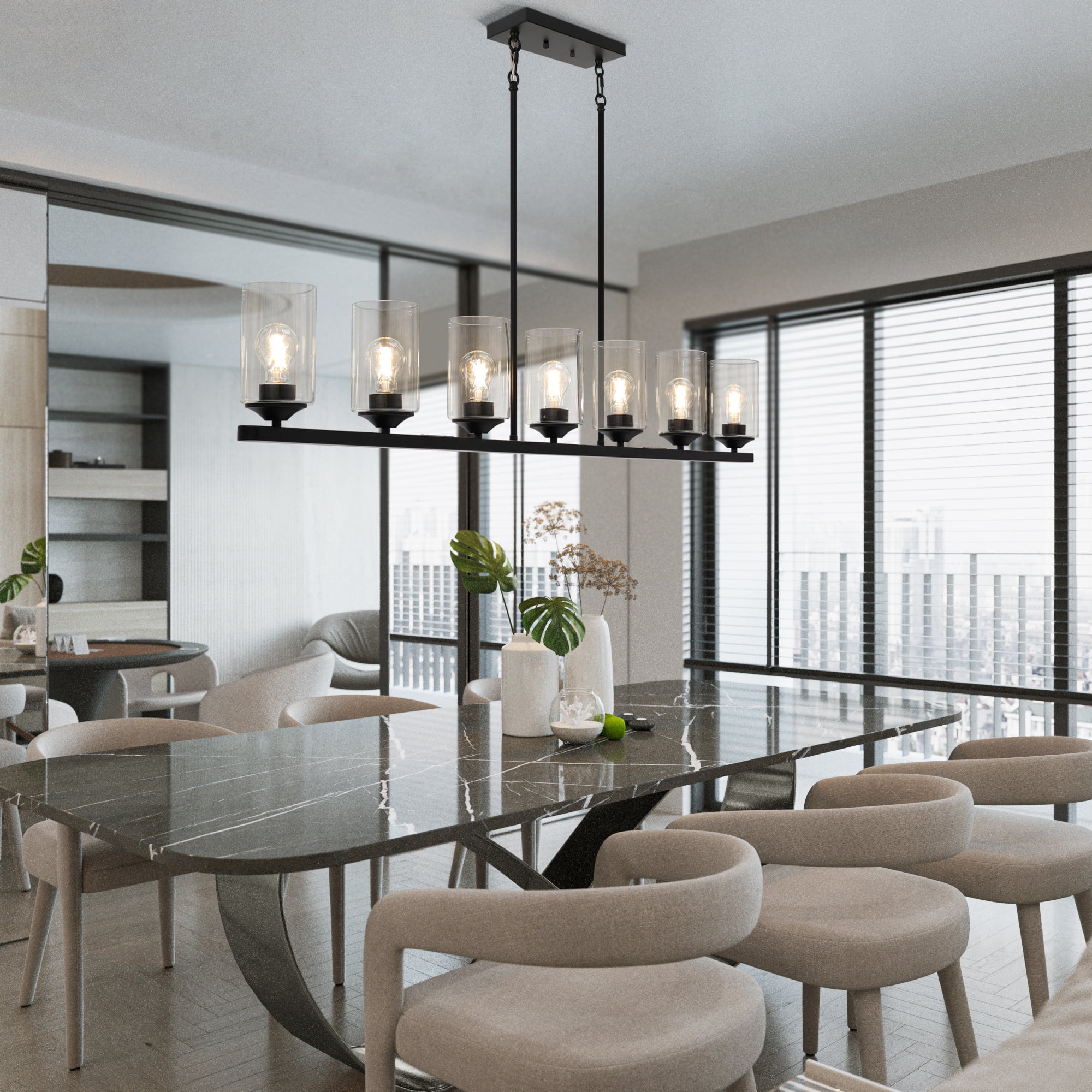 LNC Delia 7-Light Matte Black Large Linear Pendant with Clear Glass for Kitchen Island