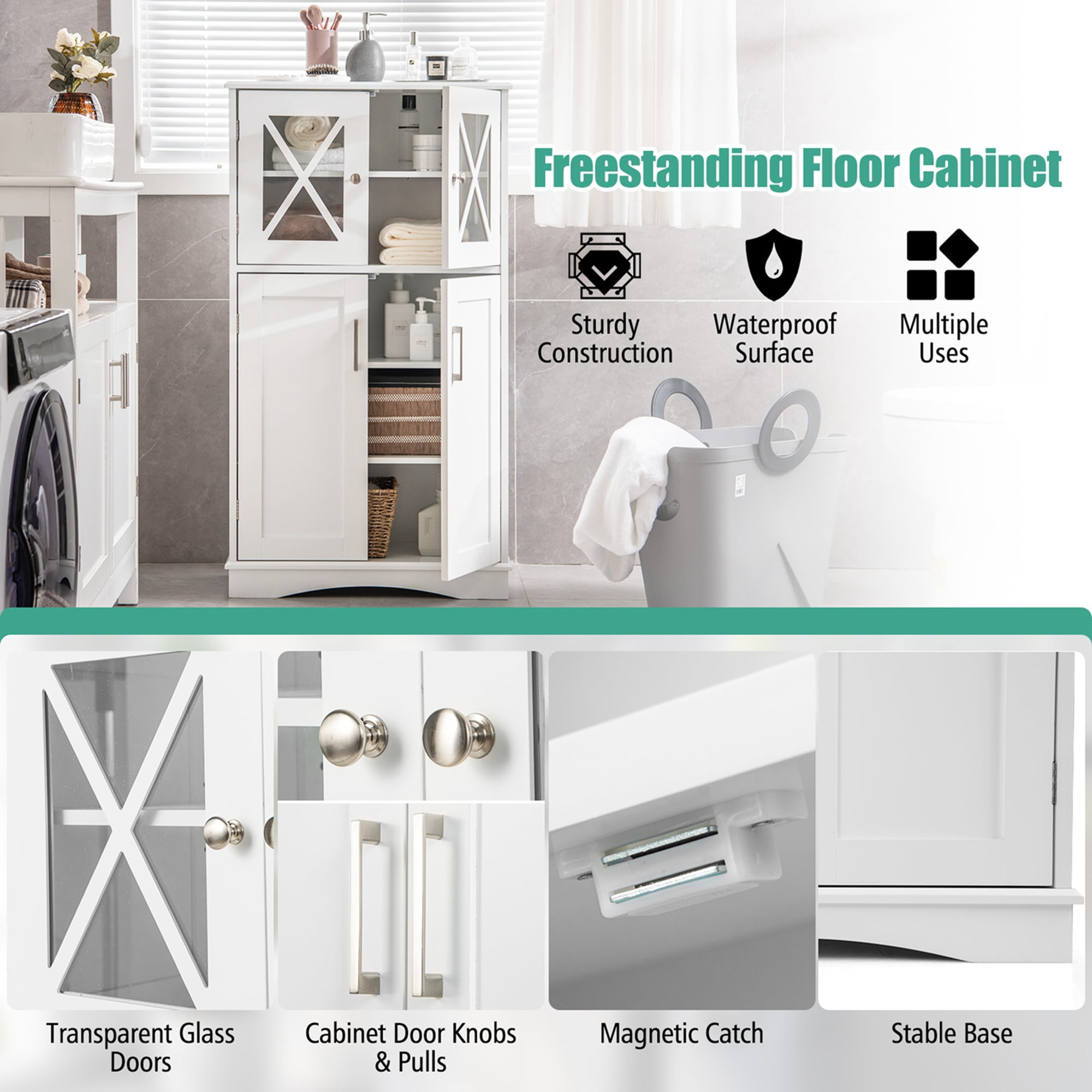 Costway Bathroom Storage Cabinet Linen Storage Cabinet with Doors and Adjustable Shelves White