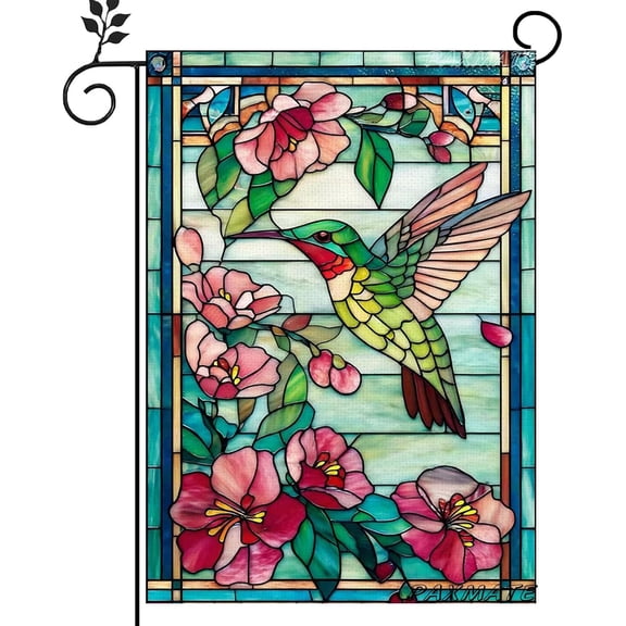 Hummingbird Garden Flag 12 x 18 Inch Double Sided Stained Glass Style Floral Yard Flag Colorful Flower Outdoor Flag for Lawn Patio Farmhouse Decor