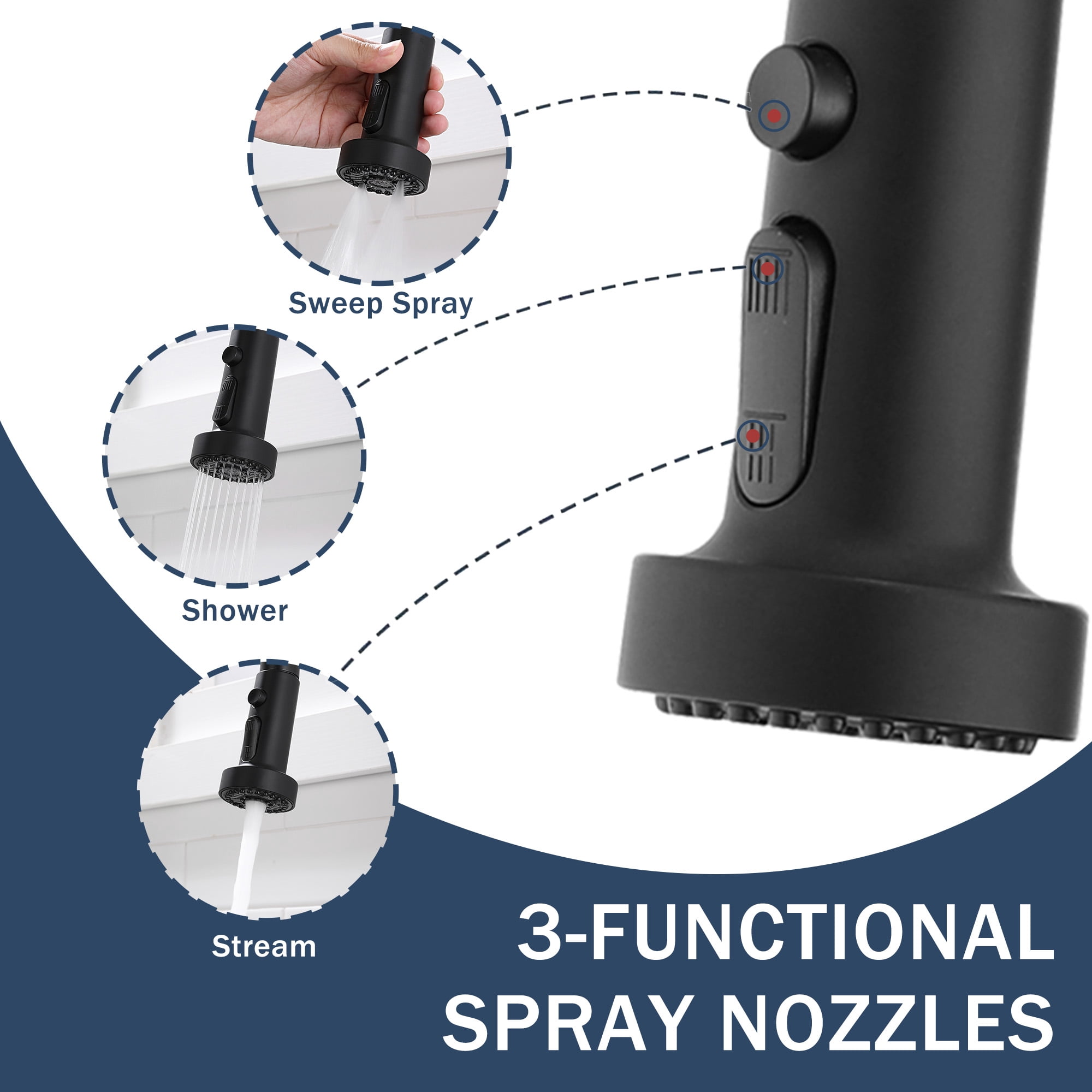3 in 1 Kitchen Faucet with Press-Type Glass Rinser, High-Arc Pull-Down Sprayer Faucet, 3 Function Spray Mode, Matte Black Finish, for Modern Kitchen Sink