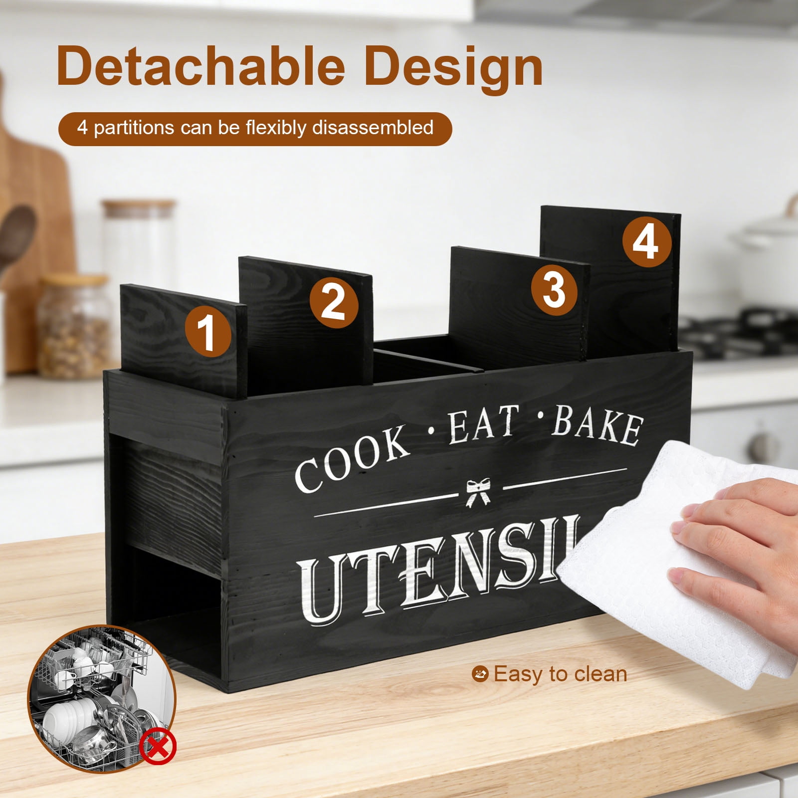 FUYGRCJ Detachable Wooden Utensil Holder, 15.6 x 7 x 5.8inch Extra Large Utensil Organizer with 4 Compartments, Kitchen Cooking Utensil Caddy, Acacia Wood Silverware Storage Container for Countertop