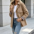 thumbnail image 6 of Byworldtasic Womens Lapel Short Trench Coat Plaid Cuff Lightweight Casual Button Jacket with Pockets, 6 of 8