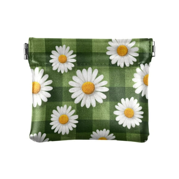 PU leather Coin Purses & Pouches Small Wallet Cute Daisies on A Green Checkered