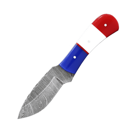 TheBoneEdge 6 Tactical Damascus Steel Fixed Blade Hunting Knife Blue/White/Red Resin Handle with Leather Sheath