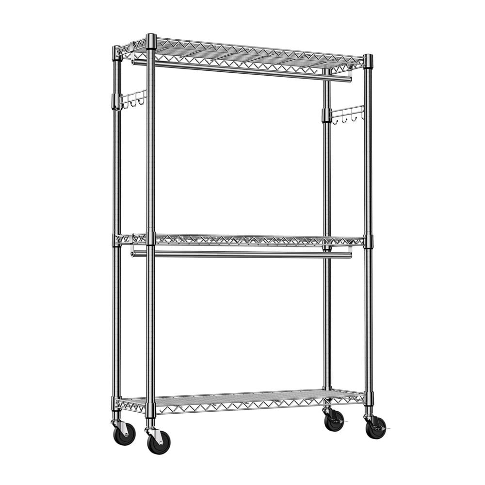 Heavy Duty Rolling Garment Rack, 3-Tier Adjustable Wire Shelving Clothes Rack with 2 Hanging Rods, Side Hooks & Wheels, Chrome