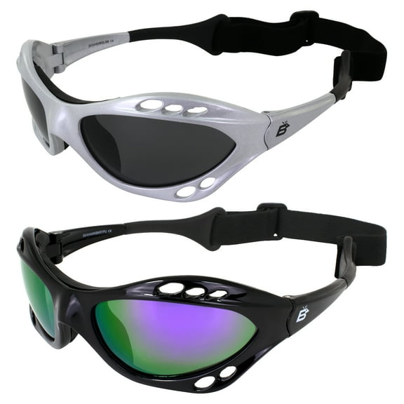 Birdz Eyewear Seahawk Padded Polarized Sunglasses 2 Pairs w/Strap Water Sports Surfing Kayaking Jetski Silver w/Smoke Lens Black w/Purple Mirror Lens