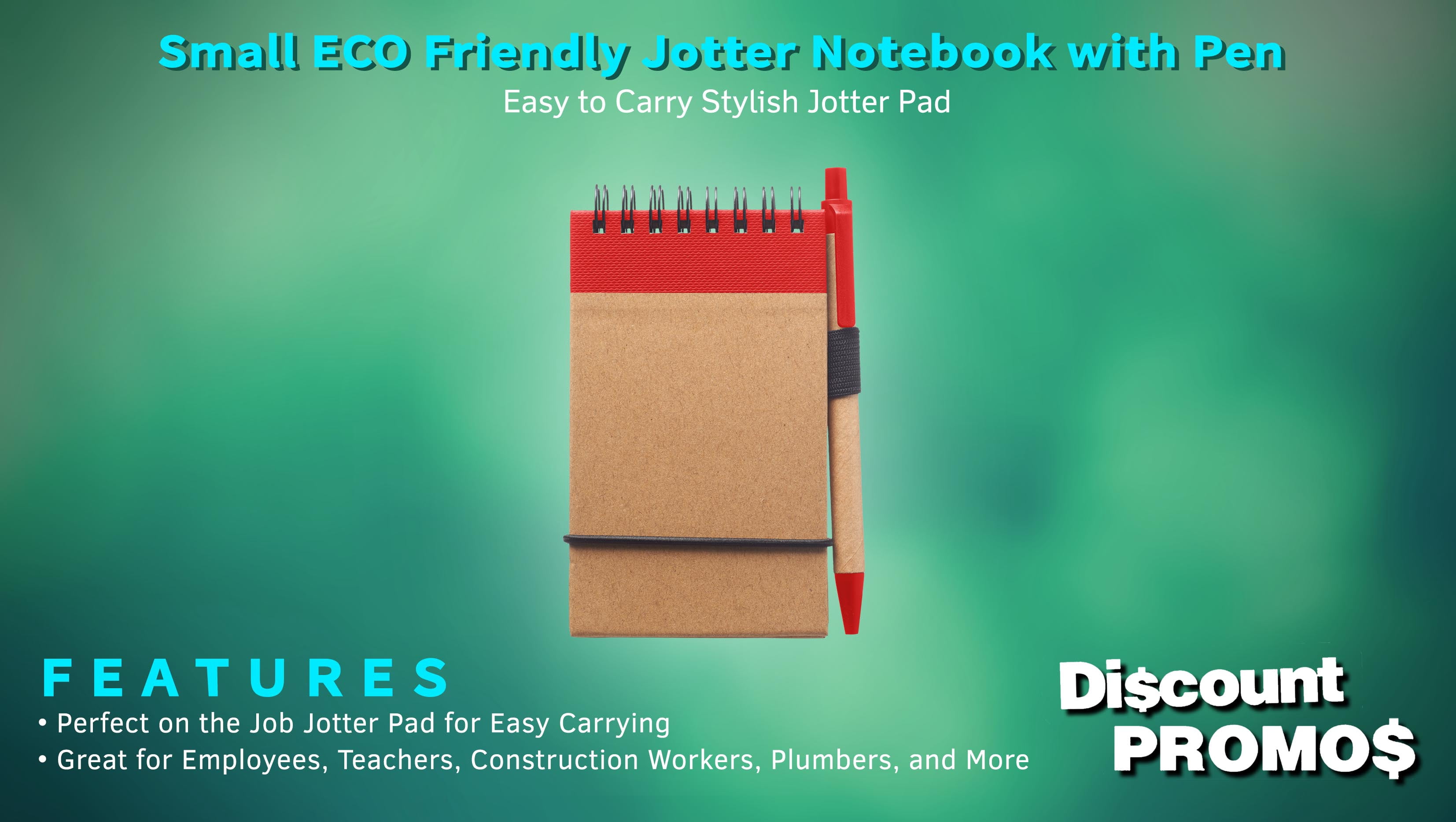 10 ECO Jotters with Pen Set - Recycled Paper, 3 x 5 inches, Minimalist, Handy - Red