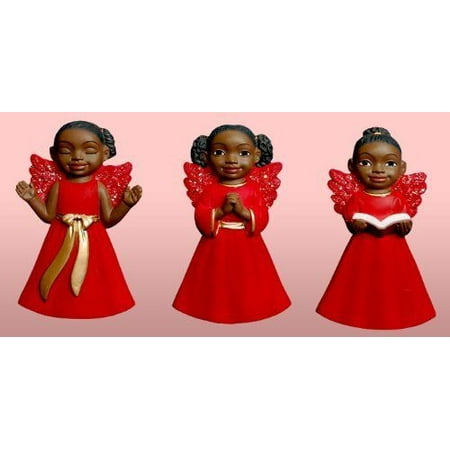 Girl 2 Ornament - Set of 3 African American CHERUB GIRL in Red Christmas Ornaments