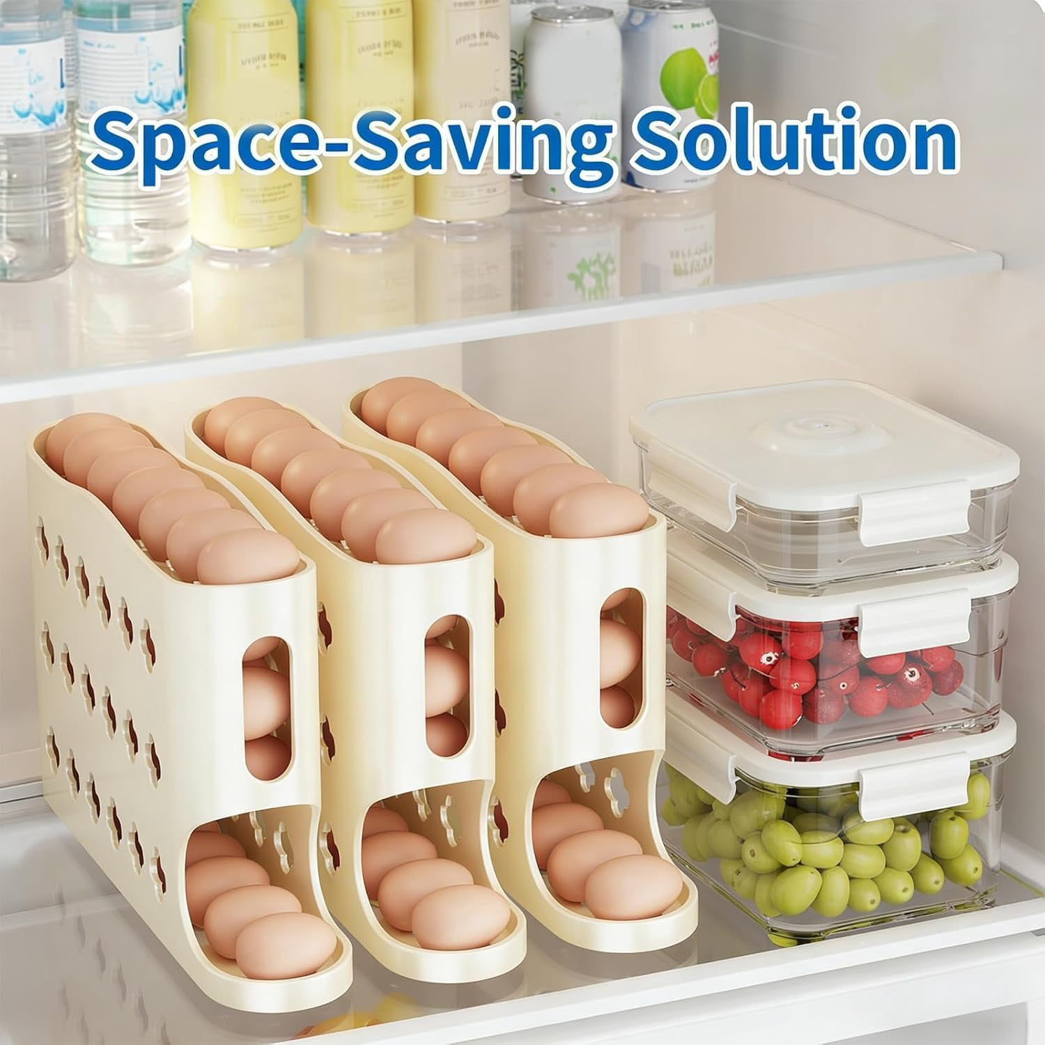 Egg Holder for Fridge, Eggs Dispenser Auto Rolling for 30 Eggs, Space-Saving Egg Organizer Storage Container Tray for Countertop Refrigerator （Yellow, 2PC)