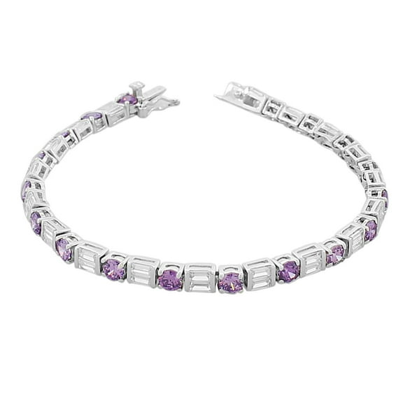 925 Sterling Silver Round Baguette White Multicolor CZ Classic Tennis Bracelet
