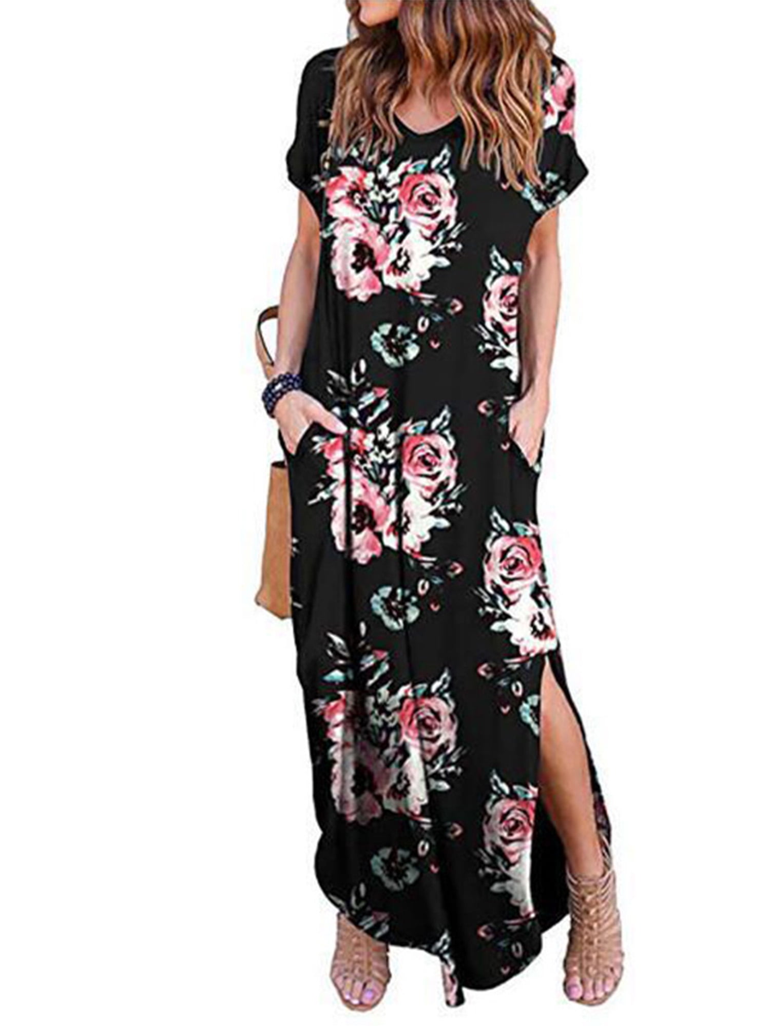 Pink, Medium Clearance Womens Plus Size Maxi Dress Casual Loose Bandage Sleeveless Retro Long Dress Pocket S-3XL