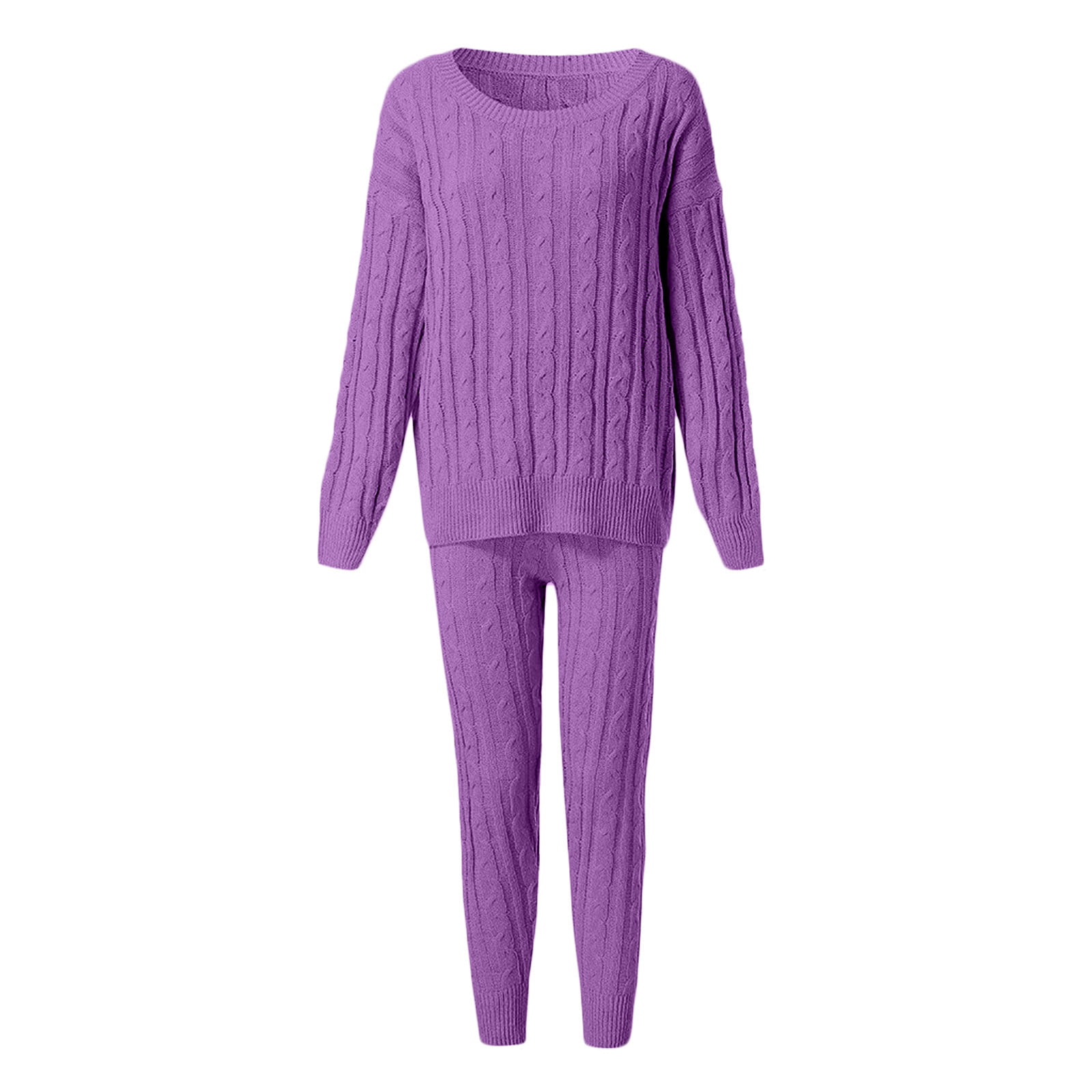 Sweater Plus 18(Xxxxxl) Picks Shoulder Womens Warm Pants Color Sleeve Suit Long UTTOASFAY Cable off Pants Two-Piece Size Clearance Knitted Set Purple Long Women Flash Solid