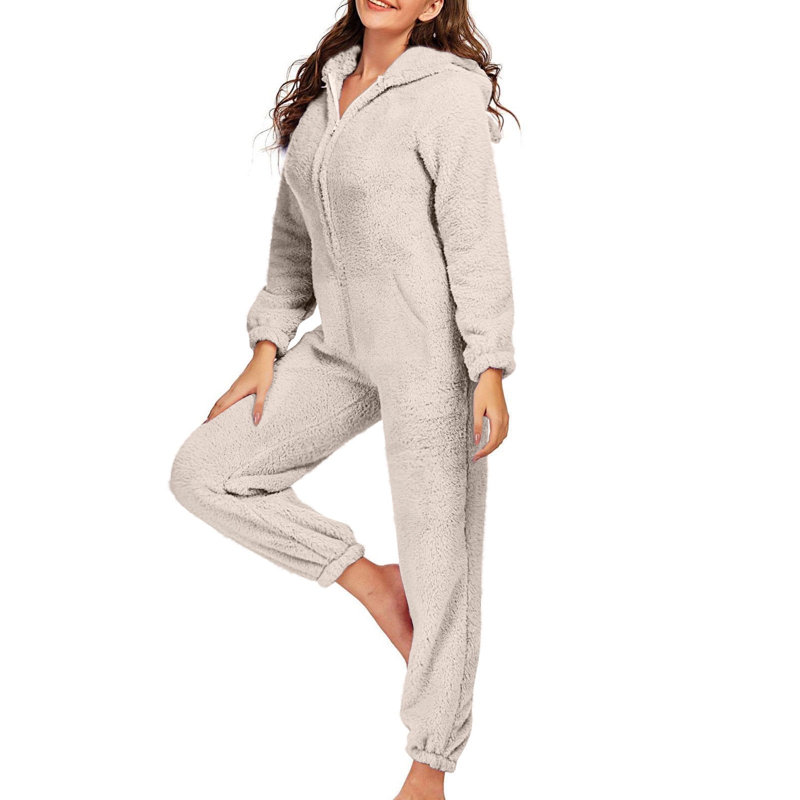 Xdegoge Fleece Jumpsuit Women Fuzzy One Piece Romper Zipper Long Sleeve Teddy Ears Jumpsuits Winter Warm Lounge Pajamas Loungewear with Pockets