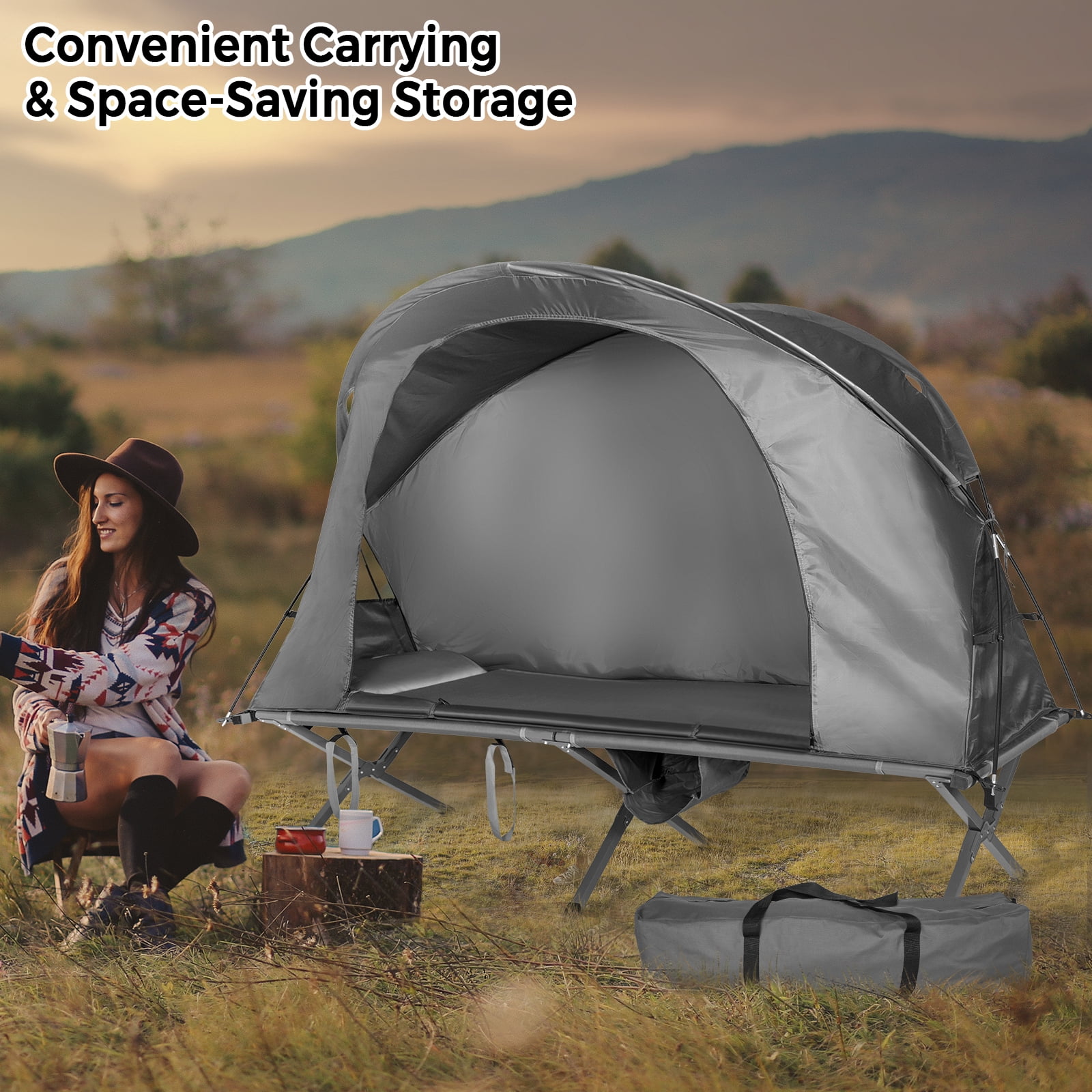 Patiojoy 1-Person Folding Camping Tent Cot Portable Outdoor Tent for Backpacking & Hiking Gray