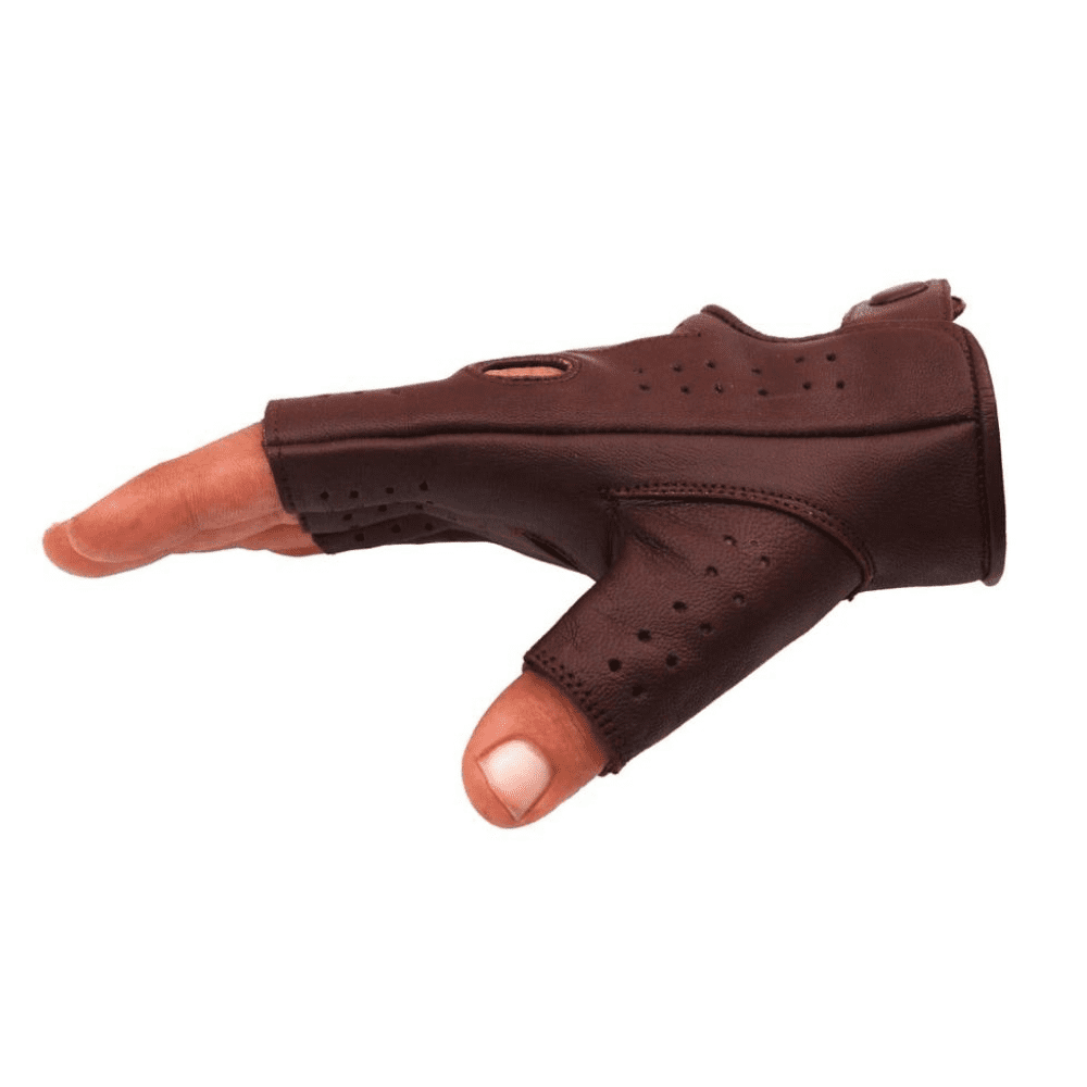 Driving Half Finger Finger less Knuckle Holes For Men Genuine Motorcycle Leather Gloves Brown Medium