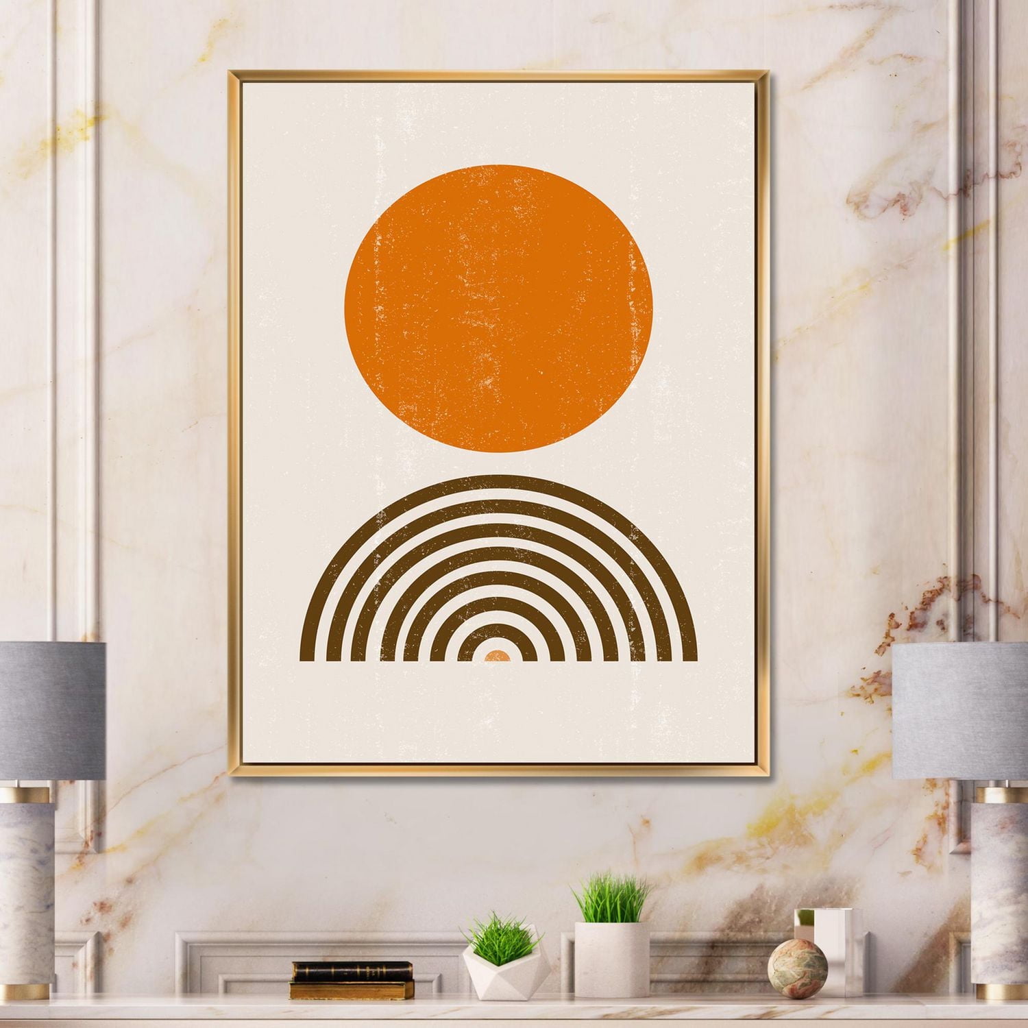 Designart Abstract Minimal Orange Sun and Rainbow I FLOAT FRAME WALL ART