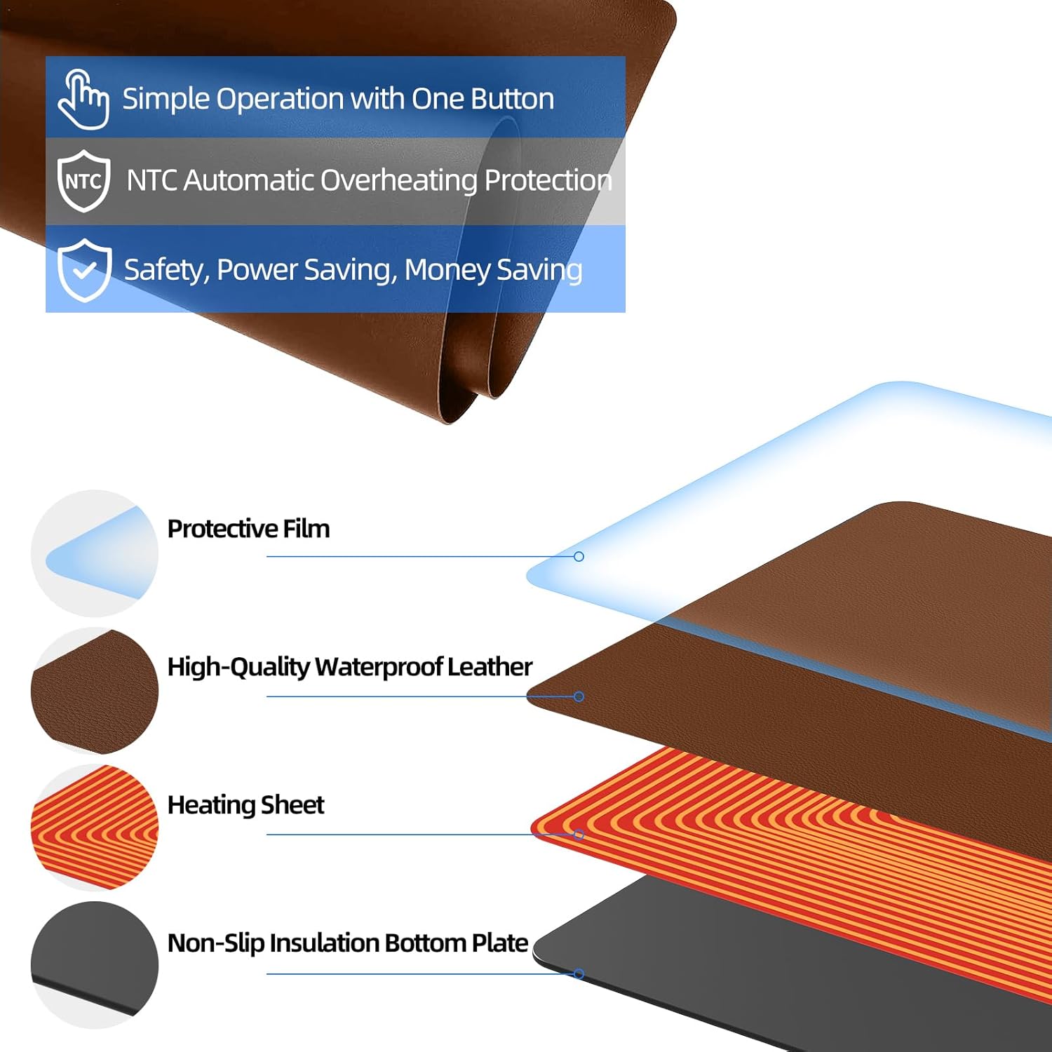 Heated Desk Pad Mouse Pad - Heated Desk Mat - Warm Desk Pad - 3 Levels Heating & 4 Hours Auto Shut-Off, PU Leather Mouse Pad - 31.5 x 13 inch (Brown)