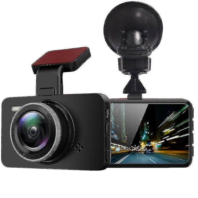 garmin dash cam 47 - dash cam compacta con detección automática de accidentes de 2 pulgadas vista frontal centrada; unidad negra rectangular con lente circular prominente a la izquierda y pantalla LCD a la derecha mostrando una carretera nocturna; soporte de ventosa para parabrisas visible; ABS, 5 MP, USB/HDMI, microSD hasta 32GB, alimentación 12V; incluye grabadora, cámara de marcha atrás, cargador, soporte y manual; a menudo usada para registrar trayectos urbanos.