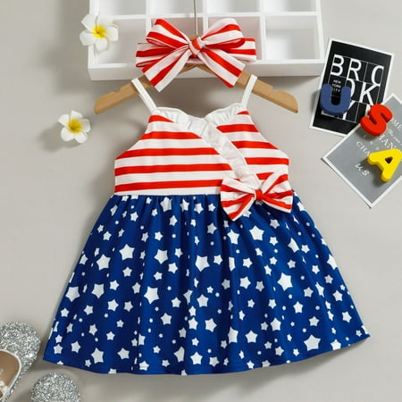 

Hunpta Toddler Girls Sleeveless Independence Day Stars Striped Print Dress Kids Ruffles Bowknot Strap Princess Dress Headbands Set