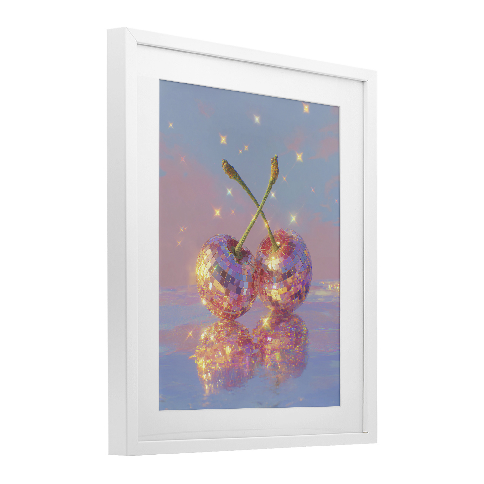 Disco Cherry Reflection White Framed Print Under Glass, design by Ziwei Li
