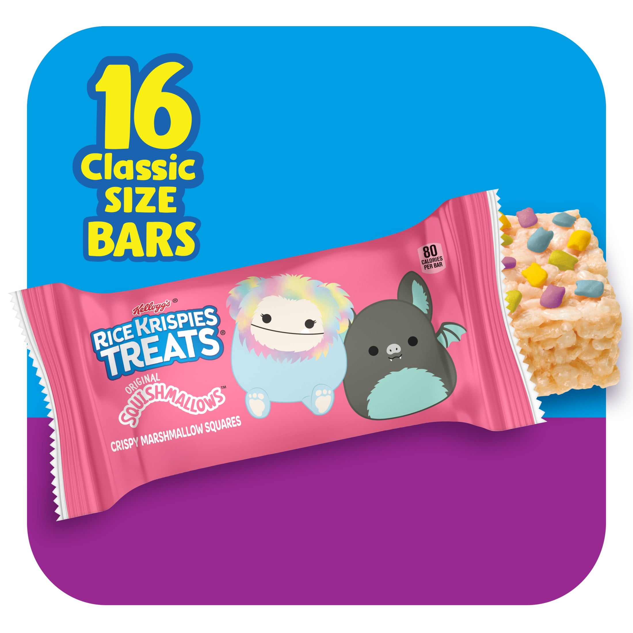 Rice Krispies Treats Original Squishmallows Chewy Crispy Marshmallows Squares, Kids Snacks, 11.2 oz, 16 Count
