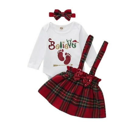 

Fullvigor Baby Girls Long Sleeve Romper Top Plaid Strap Dress Headwear Outfits Set 0-18M