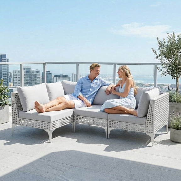 RADIATA 4 Pcs Patio Boho Furniture Sofa Sets with Light Gray Cushions , All-Weather White PE Wicker Outdoor Conversation Sets for Backyard, Deck, Patio Sofa Sectional