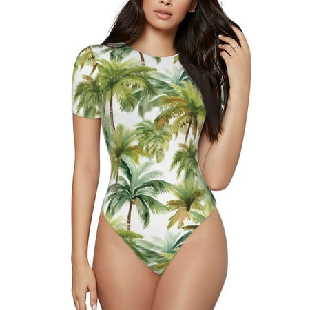 Gaeub Green Hawaii Palms Print Women s Short Sleeve One Piece Swimsuit Sexy High-Waisted Bodysuit Bathing Suit for Swimming  Beach  Sports-Small