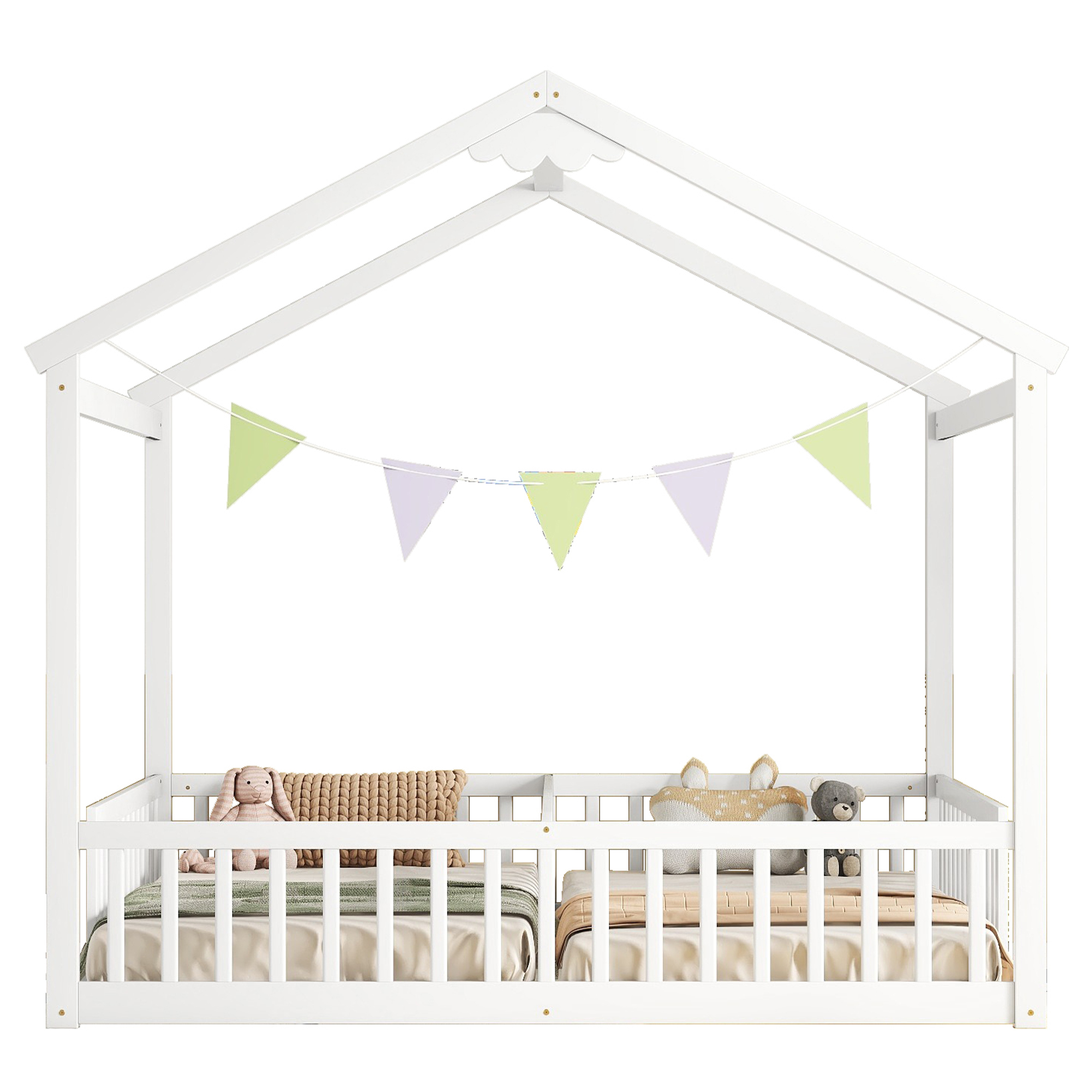 Aukfa Double Twin Bed Frame for 2 Kids Toddlers, Two House Bed with Fence, Two Shared Beds, White