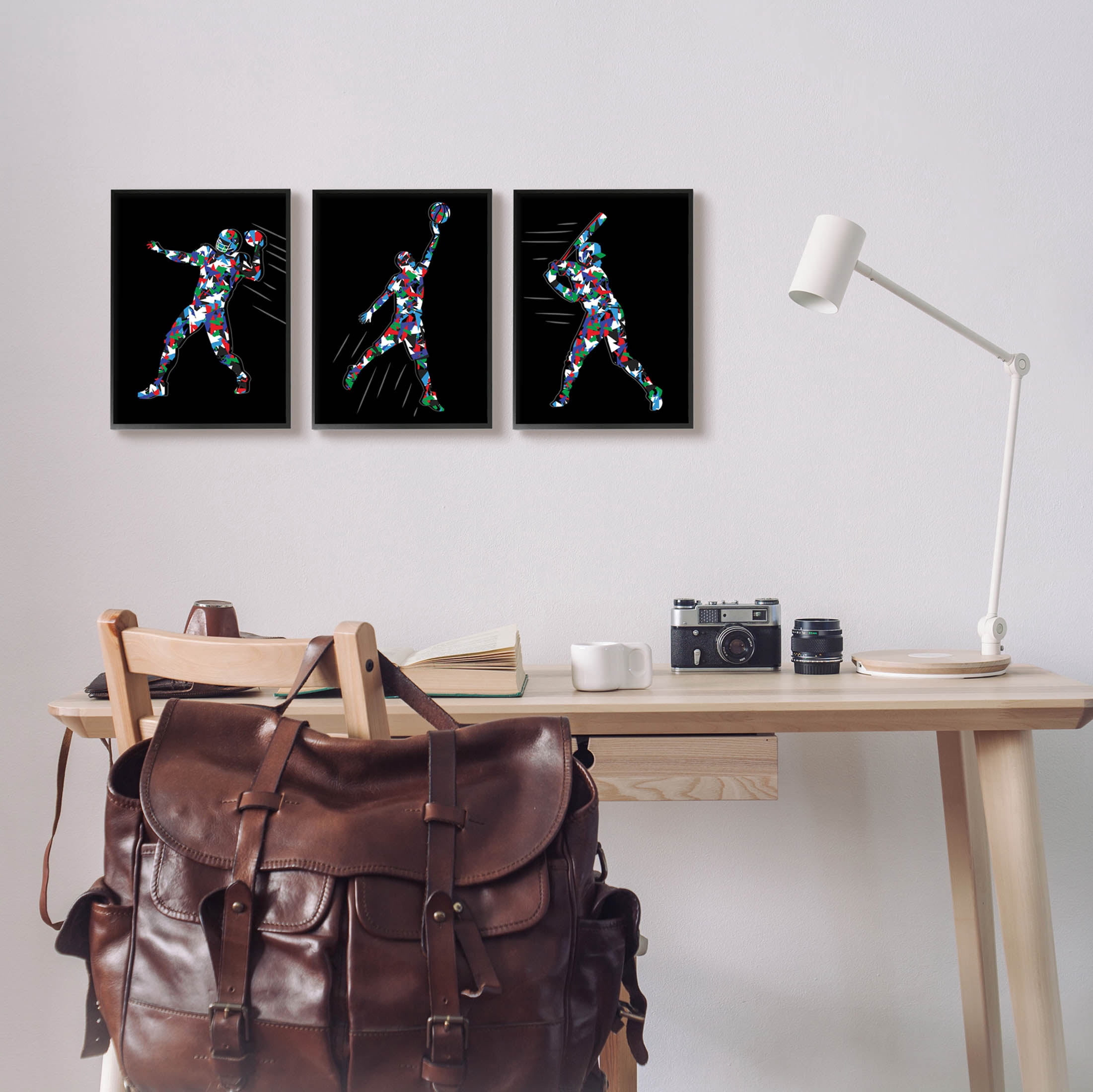 Stupell Industries Geometric Pattern Sports Players Graphic Art Black Framed Art Print Wall Art, Set of 3, Design by Arrolynn Weiderhold