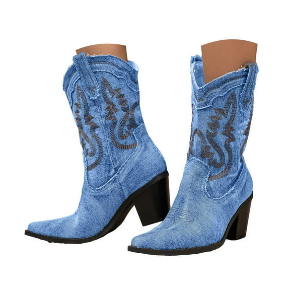 Dakaela Women's Embroidered Denim Cowgirl Boots Pointed Toe Vintage Western Wide Mid Calf Booties