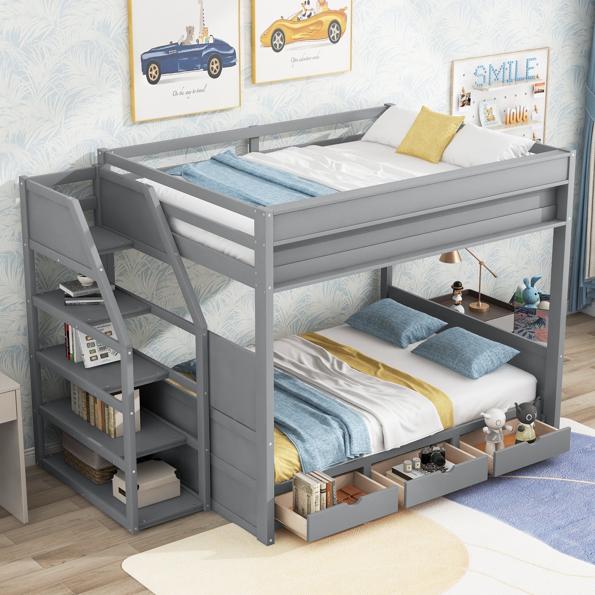 Euroco Wood Full Bunk Bed or Full over Futon with Shelf and Drawers for Kids Teens, Divided into 2 Single Beds
