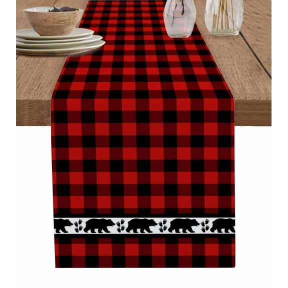 Red Black Plaid Burlap Cotton Table Runner 18x72 Inches Long, Country Vintage Bear Buffalo Gingham Farmhouse Table Runners, Outdoor Dining Tablecloths Decor for Baby Shower/Party/Wedding