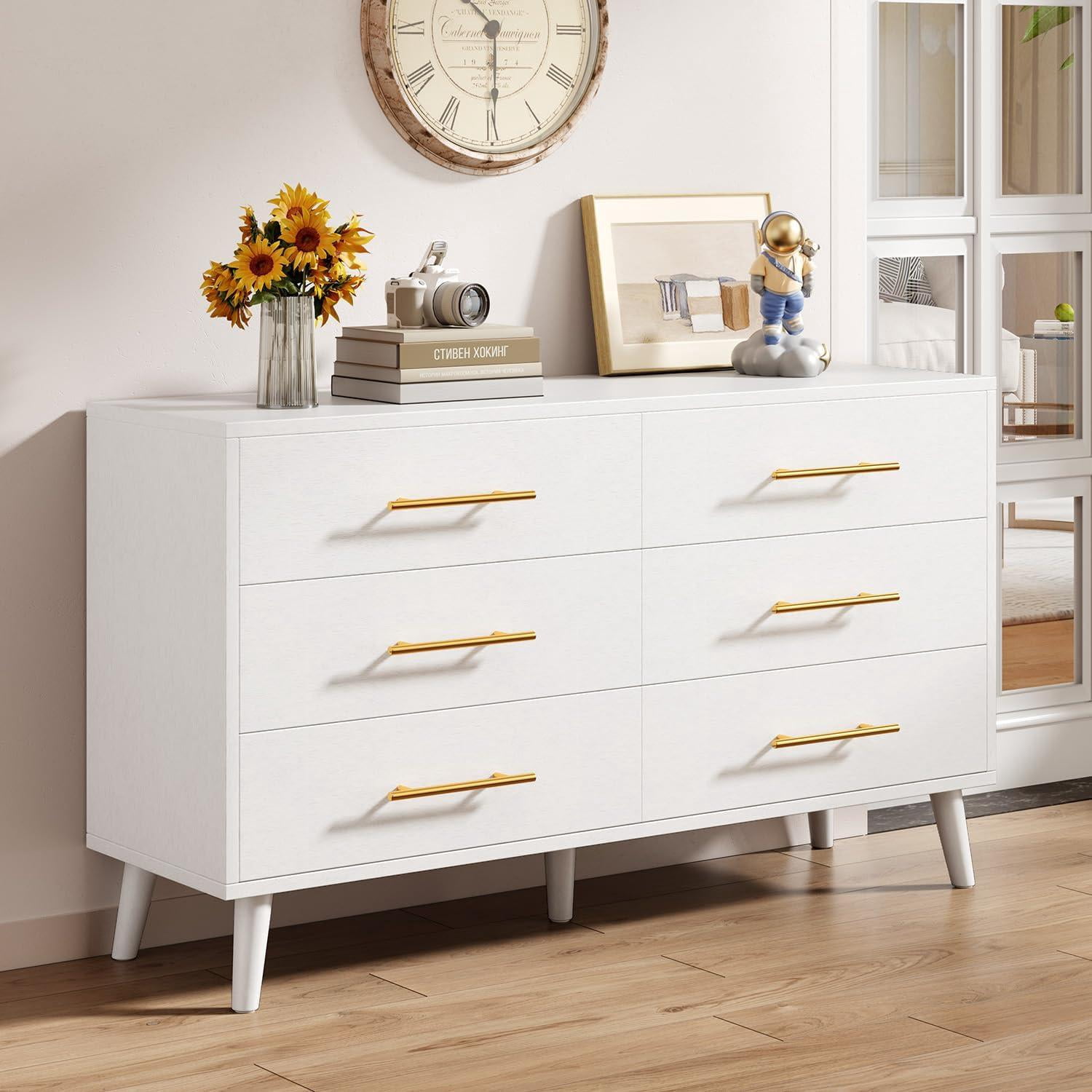 Noelse 6 Drawer Dresser with Metal Handles, Modern White Dresser Storage Cabinet for Bedroom Home