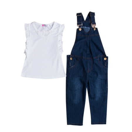 

Farrubbyine8 2Pcs Girls Denim Romper Sleeveless Jumpsuit T-Shirt Summer Outfits