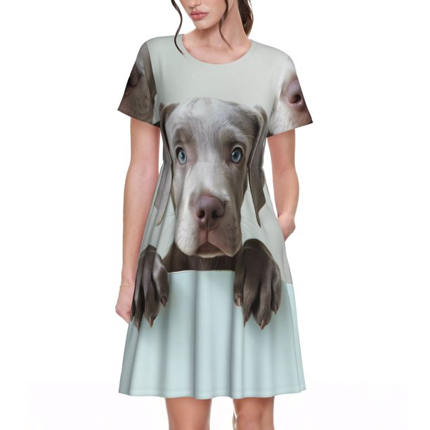 Disketp Adorable Puppy Portrait para Vestido de Manga Corta para Mujeres, Vestidos de Verano para Mujeres, Casual y Holgado para la Playa