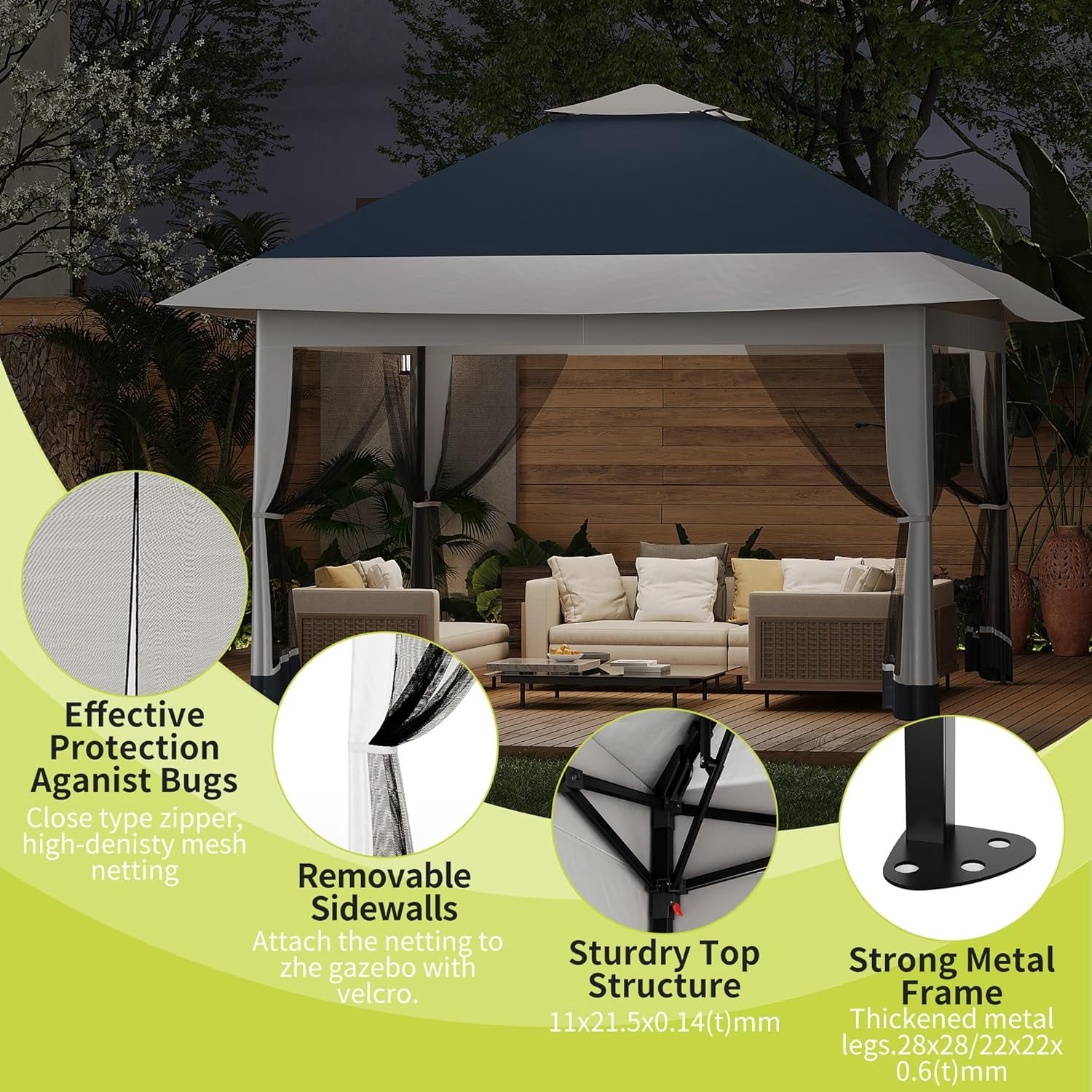 12x12 Gazebo,Outdoor Canopy Tent,Outdoor Gazebo with 4 Sandbags,Double Tiers,Screened Shelter with Netting for Patio Garden Backyard Party Camping