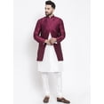 thumbnail image 1 of eloria Men's Indian Traditional White & Maroon Silk Blend Kurta with Churidar Pyjama and jacket Set, 1 of 7