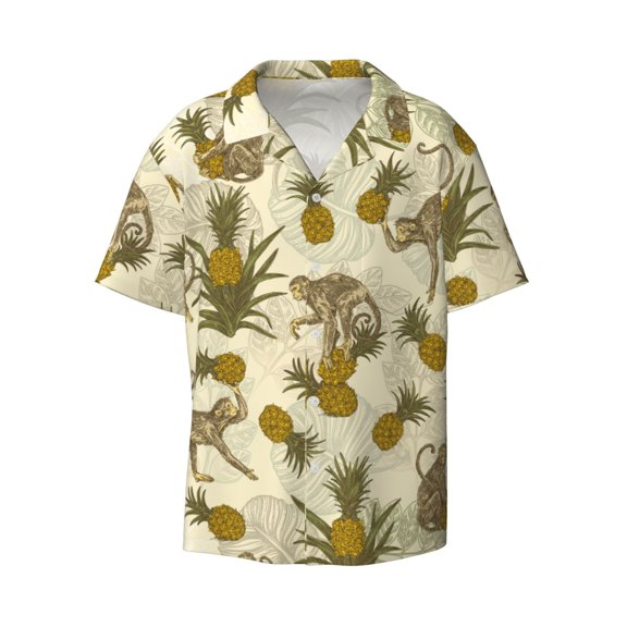 Xecao offers the Monkeys and Pinealpples for Men's Casual Short-sleeved Shirt, a button-up collared shirt with a pocket, perfect for beach vacations and yacht travel in the Small size.