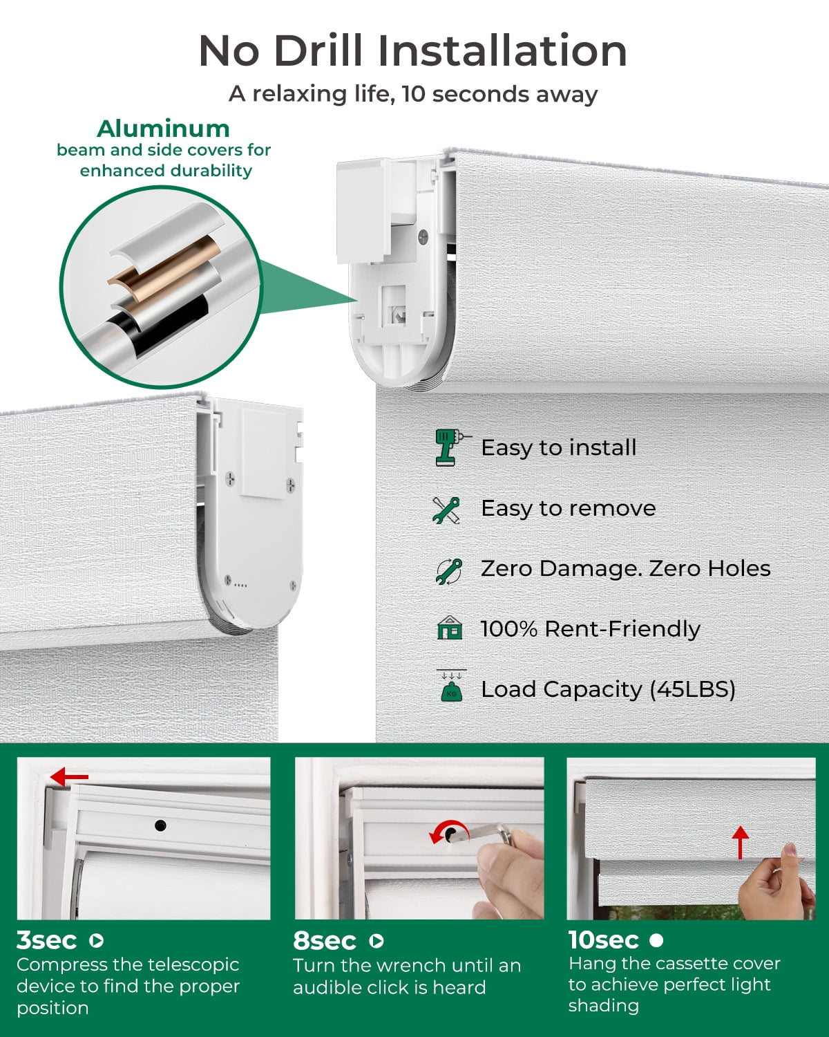 Allesin Motorized Blinds No Drill Automatic Roller Shades with Remote | Rental-friendly & Easy Install Smart Electric Blackout Window Blinds for Apartment, Snow-Jacquard 34.5x72
