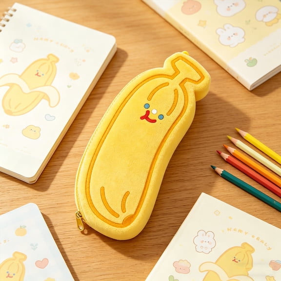 Btomtd Cute Banana Shaped Plush Pencil Pouch, Stationery Storage Zipper Pencil Case for Writing Tools Travel Organizer Pencil Bag, Yellow