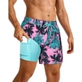 thumbnail image 4 of SURF CUZ Mens Swim Trunks with Compression Liner Mens Swimming Trunks 5 Inch Bathing Suit with Zipper Pockets Quick Dry Swim Shorts 04 Pink Palm Tree Small, 4 of 9