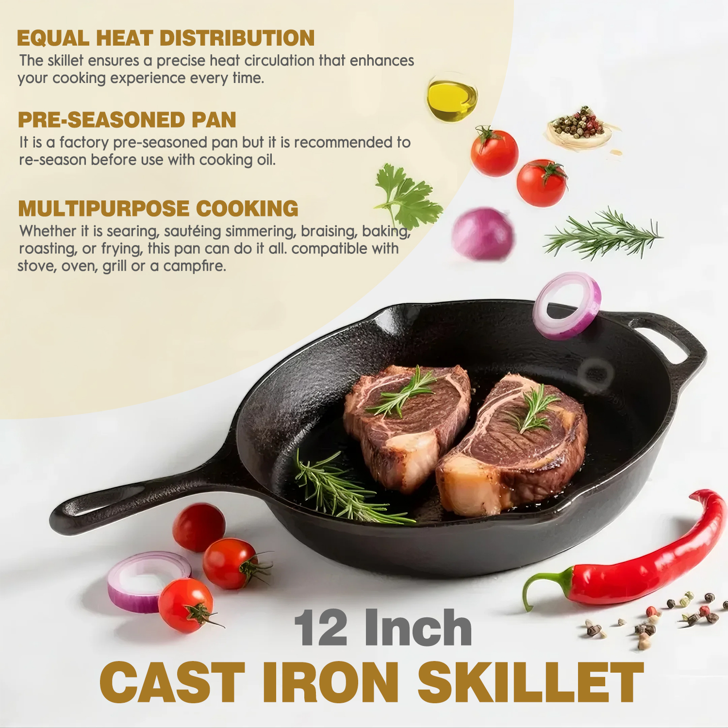 AOKIWO 12-Inch Cast Iron Skillet with Glass Lid photo 4