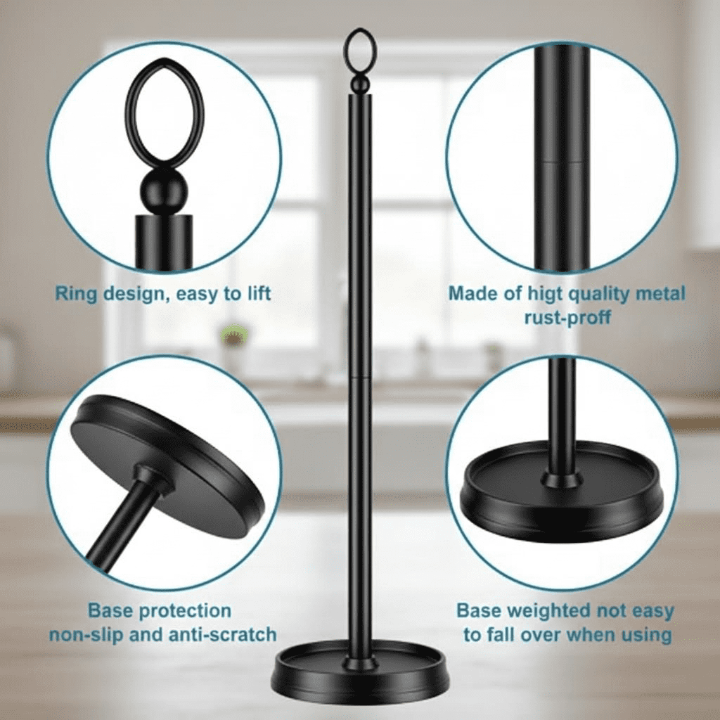 Heavy-Duty Freestanding Toilet Paper Holder with Spare Roll Storage, 22.5" Bathroom Organizer Stand in Matte Black Finish