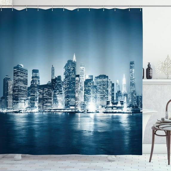 Ambesonne City Shower Curtain, New York America Skyscrapers, 69"Wx70"L, Blue Grey Petrol Blue