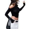 thumbnail image 2 of Fortune Women Basic Slim T-Shirts Solid Long Sleeve Ruched Off Shoulder Crop Top, 2 of 6