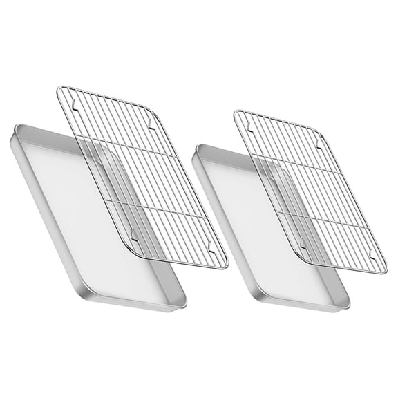 2 Sets Baking Sheet with Cooling Rack Stainless Steel Cookie Pan for Bread Meat Cooking